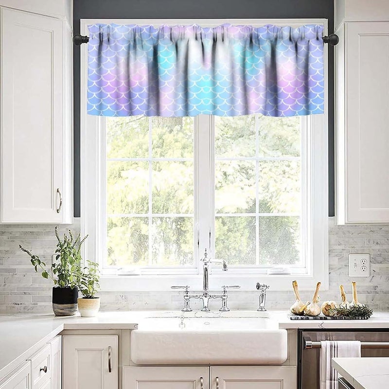 AAVEUP Mermaid Valance Curtain Fantasy Blue Pink Ocean Mermaid Scale Window Treatment Valances Curtains for Kids Girls Room Bedroom Living Room 54x18In - Image 5
